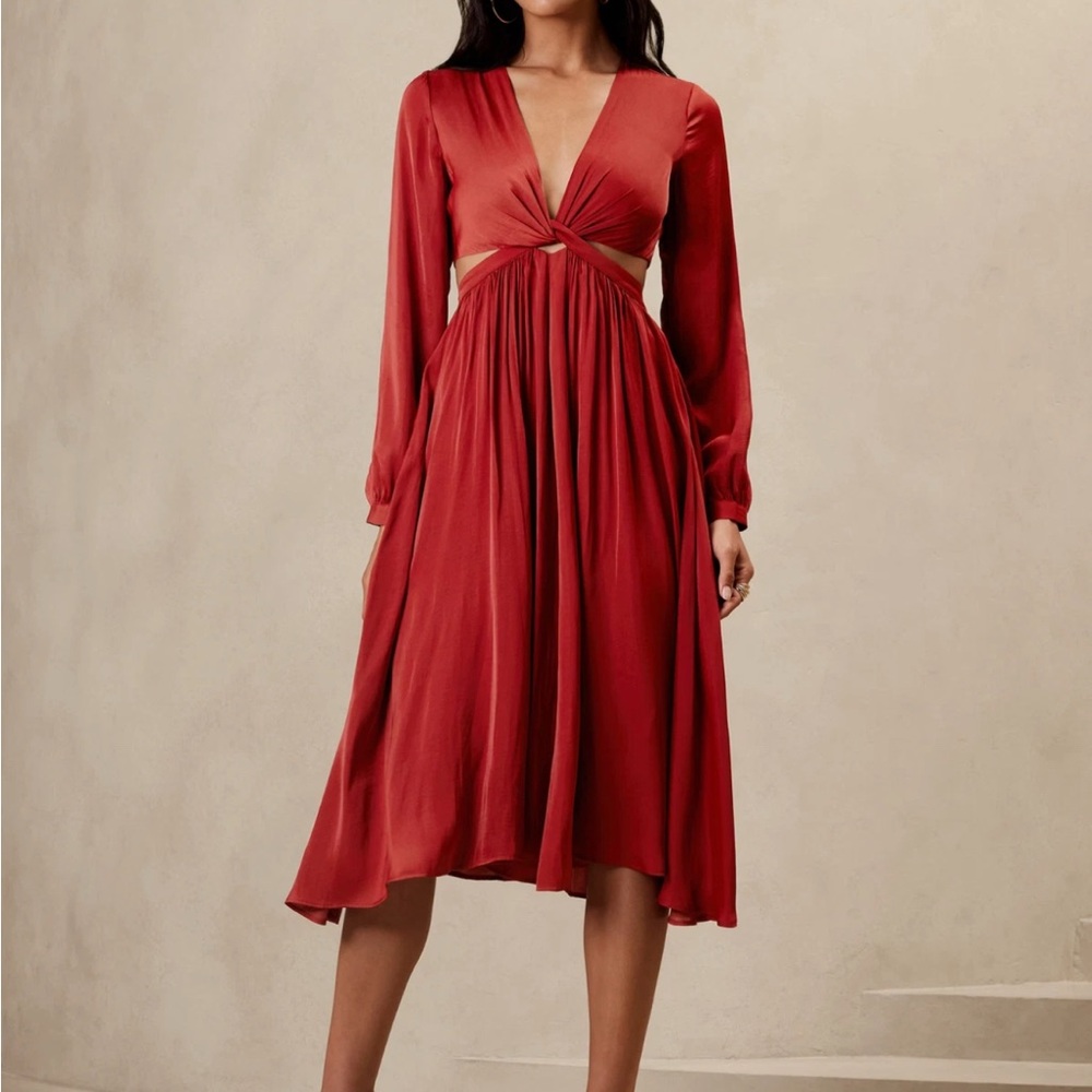 NWT Banana Republic Twist Front MIDI Dress Rust Satin Women 12 Holiday Party